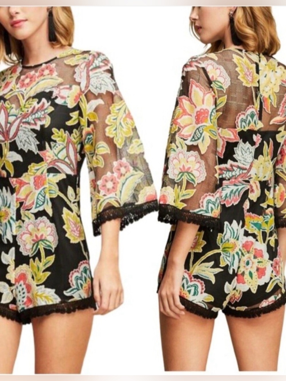 Floral Mesh Romper - Black with Multi-Color Embroidery
